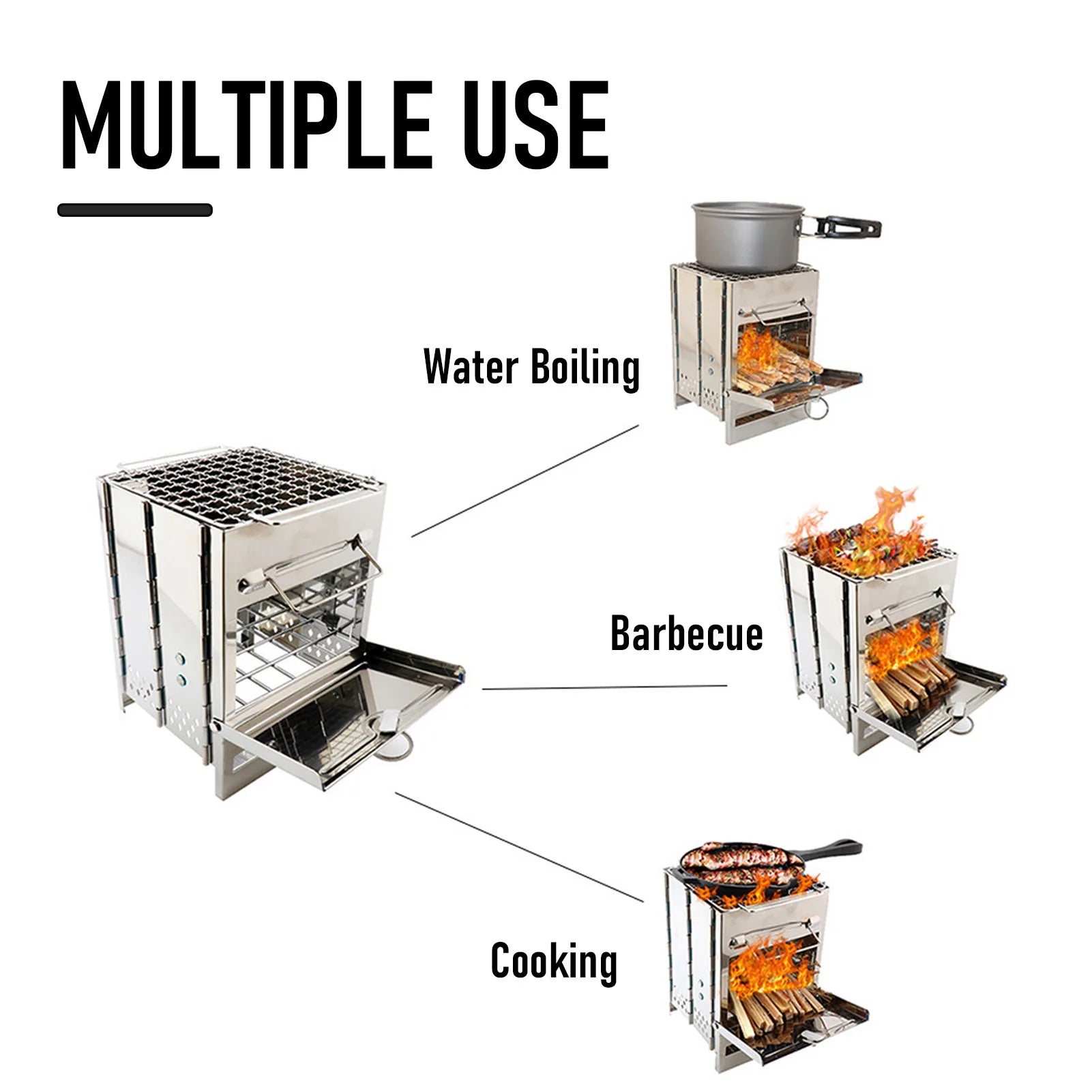 Wood Stove Portable Foldable Stainless Steel Camping Stove with Mini Charcoal Grill Lightweight Barbecue Grill