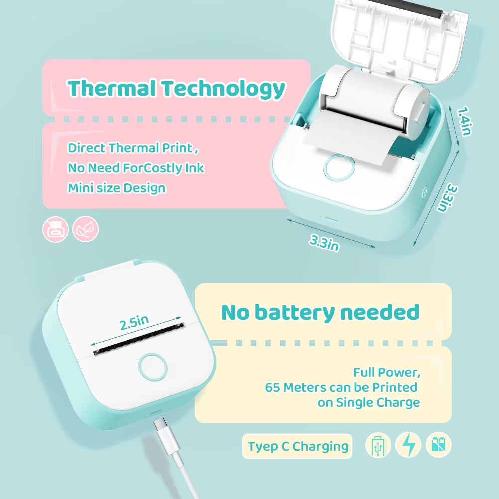 T02 Mini Thermal Printer Wireless Mini Pocket Printer, Adhesive Sticker Printer for DIY, Journal, Student Birthday Gift