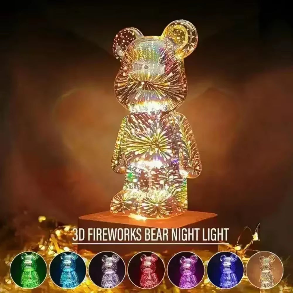 LED 3D Bear Firework Night Light USB Projector Lamp Color Changeable Ambient Lamp Suitable for Children Room Bedroom Decoration