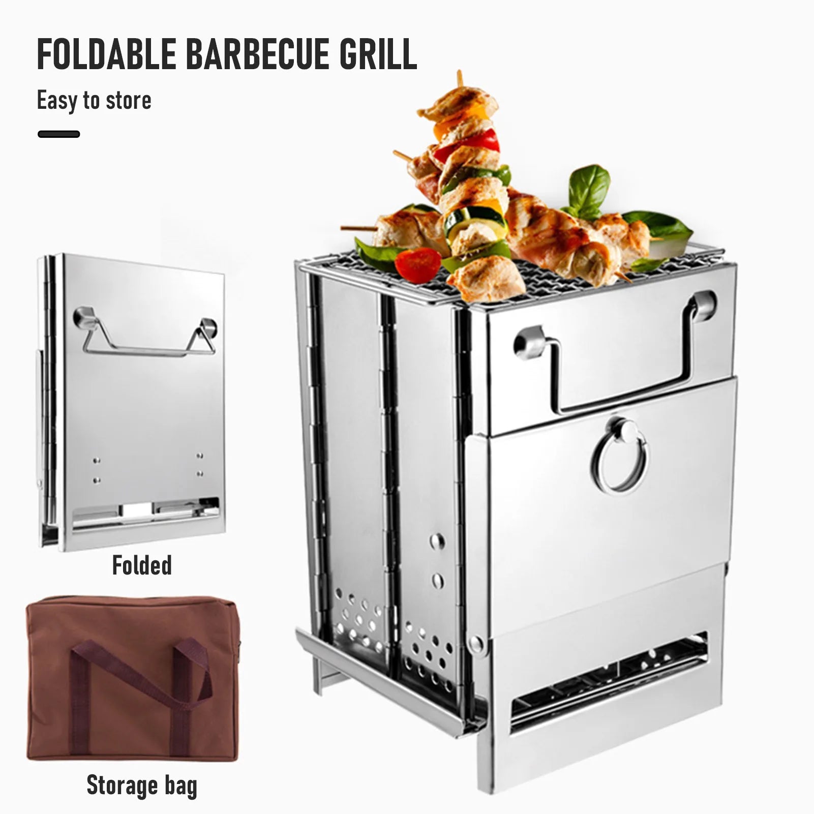 Wood Stove Portable Foldable Stainless Steel Camping Stove with Mini Charcoal Grill Lightweight Barbecue Grill