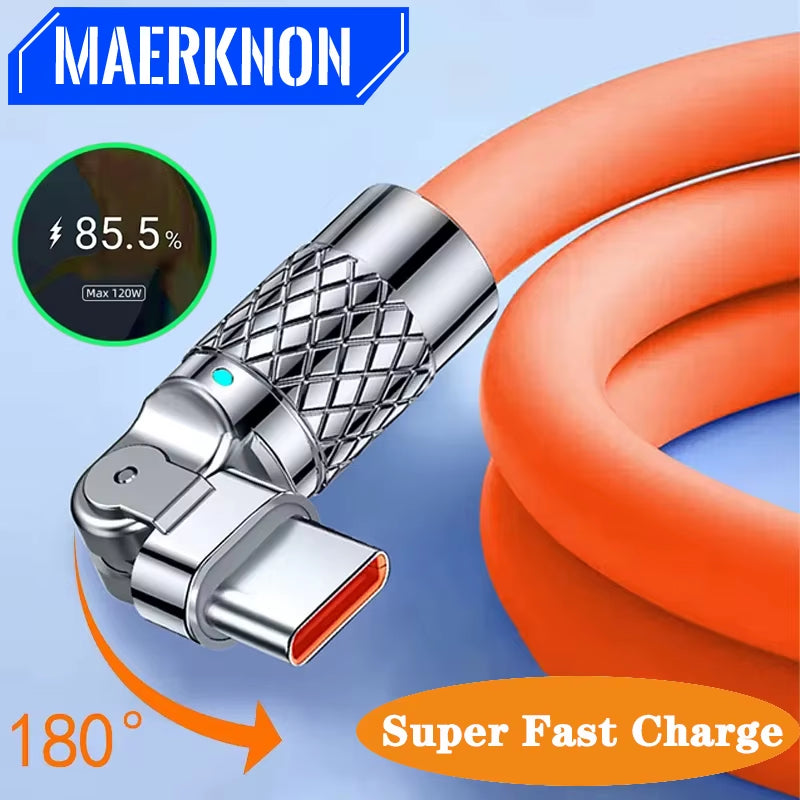 120W USB Type C Cable 180° Rotating 6A Fast Charge Cable for Samsung S22 S21 S20 Ultra Huawei Xiaomi 12 Mobile Phone Cable